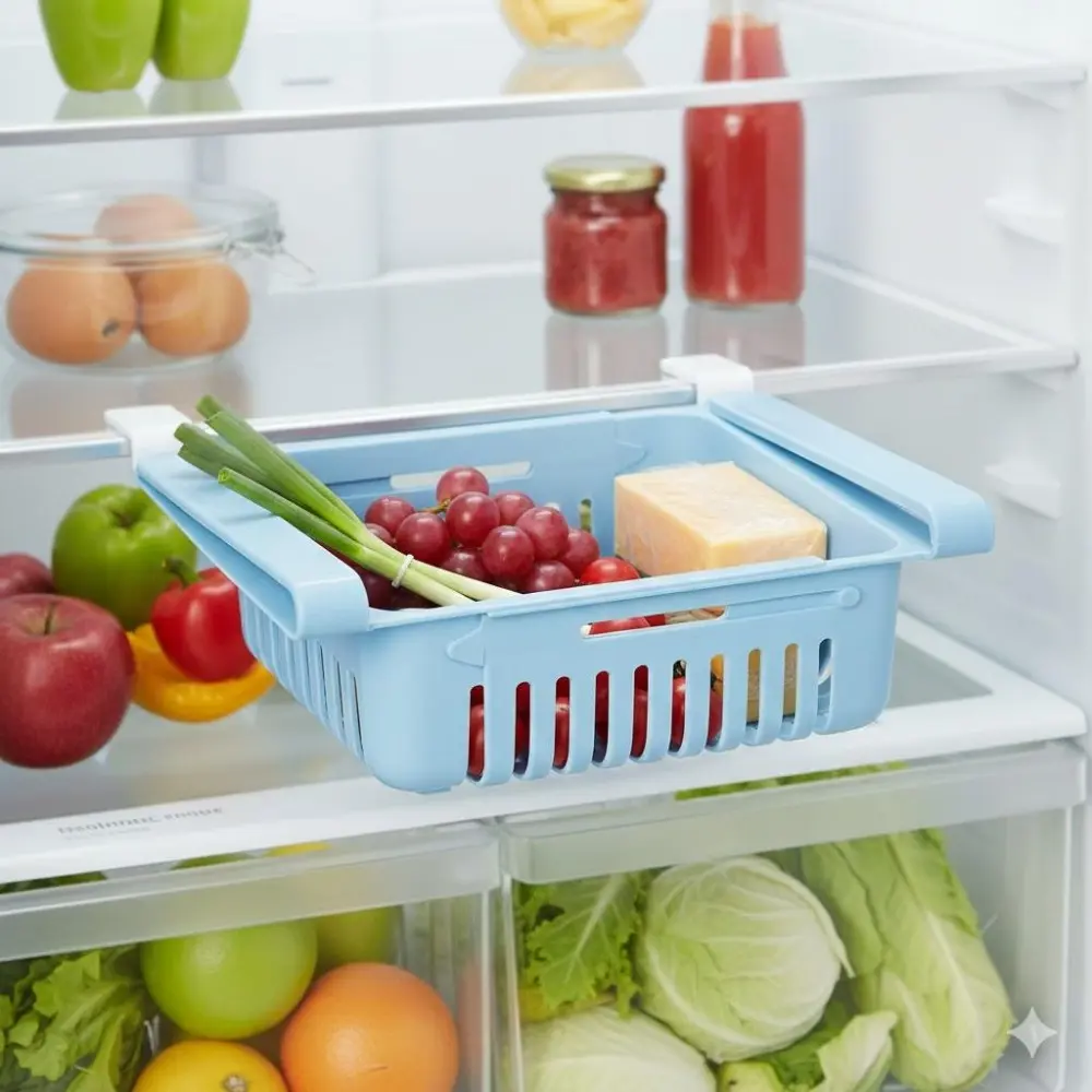 Adjustable Divider Refrigerator Organizer Drawers, Plastic Produce Storage Containers for Fruits and Vegetables, Expandable Fridge Shelf Organizer with Odor-Proof Design, Moisture-Resistant Kitchen Storage Box for Food Classification and Organization.