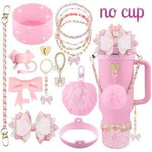 14pcs Keychian Accessories for Cup 40oz&30oz Tumbler Accessories Including Silicone Cute Pink Bow Straw Topper Cover Silicone Boot Leather Bottle Handle Strap Bracelet Y2K Pink Charms Men And Women