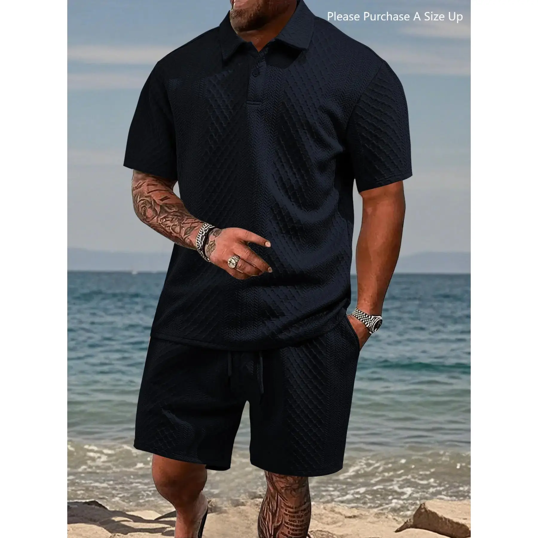 Please Purchase A Size Up.Men's Solid Polo Shirt & Drawstring Waist Shorts Set, Cozy Breathable Two-piece Outfits for Daily Outdoor Wear, Men Clothes for Summer.