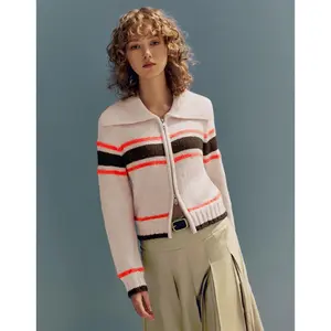 URBAN REVIVO 2026 Women's Thick Knit Long-Sleeve Casual Cardigan - Plaid, Striped, Multi-Color, Zipper-Front, Comfortable-Fit Knitwear