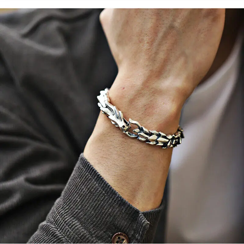 Men's Vintage Viking 3D Ouroboros Link Stainless Steel Bracelet, 8.2in Fashion Biker Punk Bangle