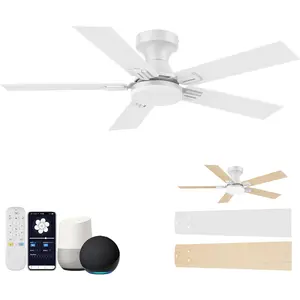 42 Inch Ceiling Fans with Lights, Low Profile Ceiling Fan with Light and Remote Control,Alexa,APP,White Flush Mount Ceiling Fans for Small Bedroom,Patio,Outdoor Indoor Use,Dimmable LED,6 Speed