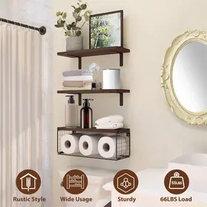 Set of 3 Rustic Wood Floating Shelves with Wire Basket, Over The Toilet Bathroom Organizer for Toilet Paper