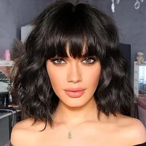【LIVE】Black Short Curly Wavy Bob Wigs for Women Brown Black Wig with Bangs Synthetic Heat Resistant Fiber Wig Curly Brown