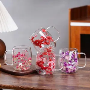 2-Pack Double Wall Borosilicate Glass Cups, 350ml Ins Style Couple Drinking Mugs, Heat-Resistant & Anti-Scald Tumblers, Wide-Mouth Design with Comfortable Grip, Real Dried Flower Design. Perfect Mother's Day Gift for Women, Cozy Floral Aesthetics.