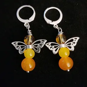 Amber & Agate Angel Drop Earrings with Silver Butterfly Accents and Orange Beads for Women Unique Design Versatile for Casual & Formal Occasions