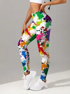 Colorful Inkjet Print Mid-Rise Leggings, Fitness Women'S Individual Graffiti Print Yoga Pants