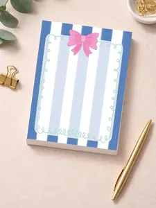 Preppy Blue Stripe Bow Notepad | 5x7 Tear-Off Memo Pad | 50 Pages Cute Desk Stationery Girly Office Supplies Desk Decor