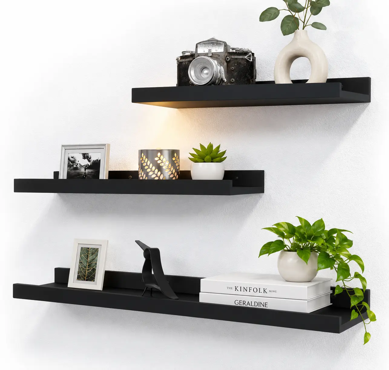 Floating Shelves Set of 3 15.7 Inch Black Wall Shelves with Lip Modern Wood Display Ledge for Living Room Bedroom Bathroom Kitchen Nursery Sturdy 20 lbs Capacity Easy Mounting Sleek Minimalist Design Textured Wood Finish