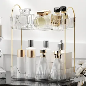 Bathroom Organizer Countertop, Makeup Storage, Skincare  Tray Shelf, Perfume Holder Rack for  Counter, Large Capacity, Easy to Install, Clean, 2 Tiers, Clear White