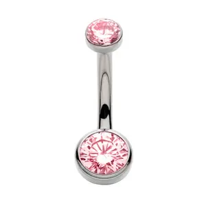 Pink Double Flat Bezel CZ Titanium Belly Button Ring