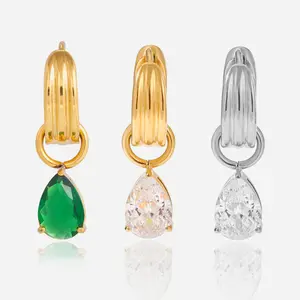 [FLAME] 18K Gold Plated Stainless Steel Teardrop CZ Huggie Hoop Earrings, Vintage Emerald Green Solitaire Dangle, Waterproof Hypoallergenic, Luxury Bridal Jewelry