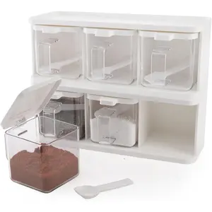 2 Pack 3 Grids Clear Seasoning Box with Handle and Spoon, Seasoning Storage Container Rack Combo Set with Removable  Jars for  Salt Sugar