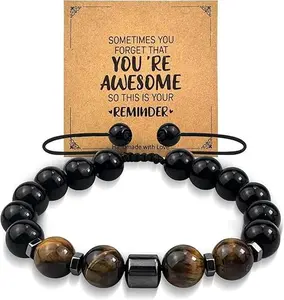 Stone Bracelets for Men, 10MM Tiger Eye Mens Handmade Beads Triple Protection Bracelets with Wallet Card for Women Gifts Birthday Anniversary Father Day Christmas Gifts for Him
