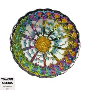 Rainbow Floral Iridescent Tea Cup Handcrafted Golden Lotus Teaware with Vibrant Colors & Intricate Design