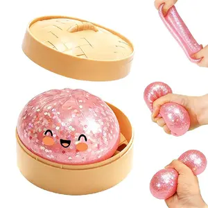 Dumpling squishy, Handheld stress ball，dumpling squeeze toy, giant glitter dumpling box, colorful sensory toy stress relief ball, soft squeeze stress relief dough gift for adults and children, Easter basket filler (Pink glitter)
