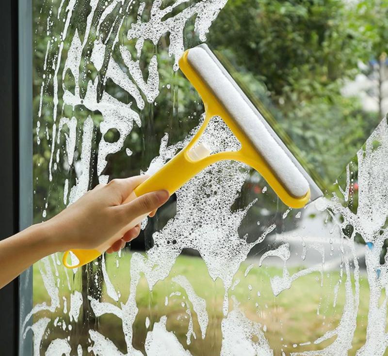 3 in 1 Glass Cleaner Squeegee with Sprayer - Streak-Free Window Cleaning Tool, Squeegee for Shower Glass, Ergonomic Handle Set , Yellow and White