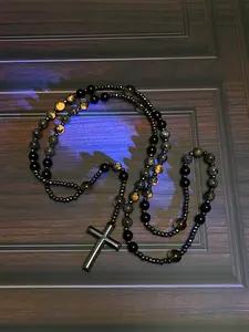 Natural Obsidian Yooperlite Rosary UV Reactive Protection Hematite Stone Cross Pendant for her, for him necklace Fashionable Collarbone Chain elegant rhinestone gift sparkly Adjustable Heart Rate Couples Set Day woman party Daily Bible Verse daughter