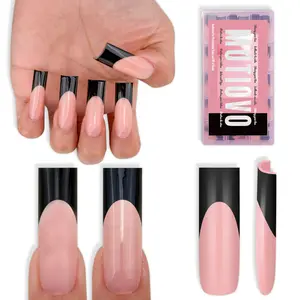 MUTIOVO Black French Tip Long Straight Square Nail Tips Press on, BABY PINK Extra Thick Soft Gel Nail Extension, Full Cover False Nails, NEED Builder Glue Gel & Top Coat,for DIY x 15 Sizes 180 pcs
