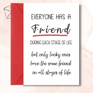 1pc Lucky BFF Lifelong Friendship Card – Premium Paper, Trendy Typography | Heartfelt 'Stuck Through Every Stage' Message | Perfect Gift for Ride-or-Die Friends (Birthday/Anniversary), accompanied by a red envelope, Perfect Gifting