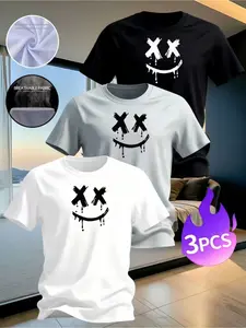 Three-Piece Men's Round Neck Short Sleeve Sleepwear Set, Casual Geometric Pattern, Loose-Fit Breathable Fabric Comfort, All-Season Home Wear