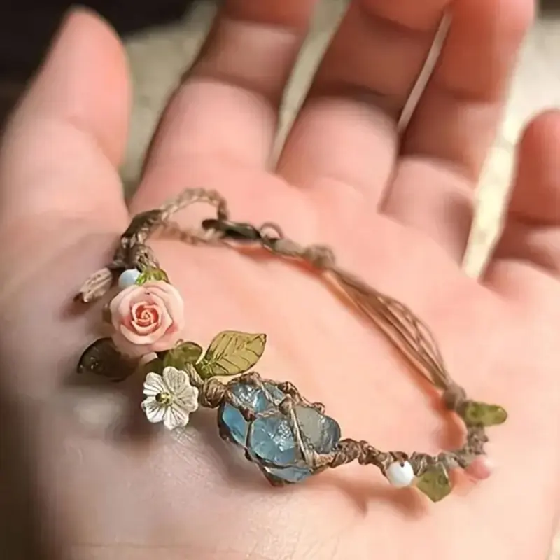 Mother's Day Gift Handmade Handwoven Turquoise Floral Bracelet, Exquisite Bracelet, Natural Gemstone & April Birthstone, Dreamy Ocean Jewelry with Rose, Daisy, Leaves, All Seasons Wear