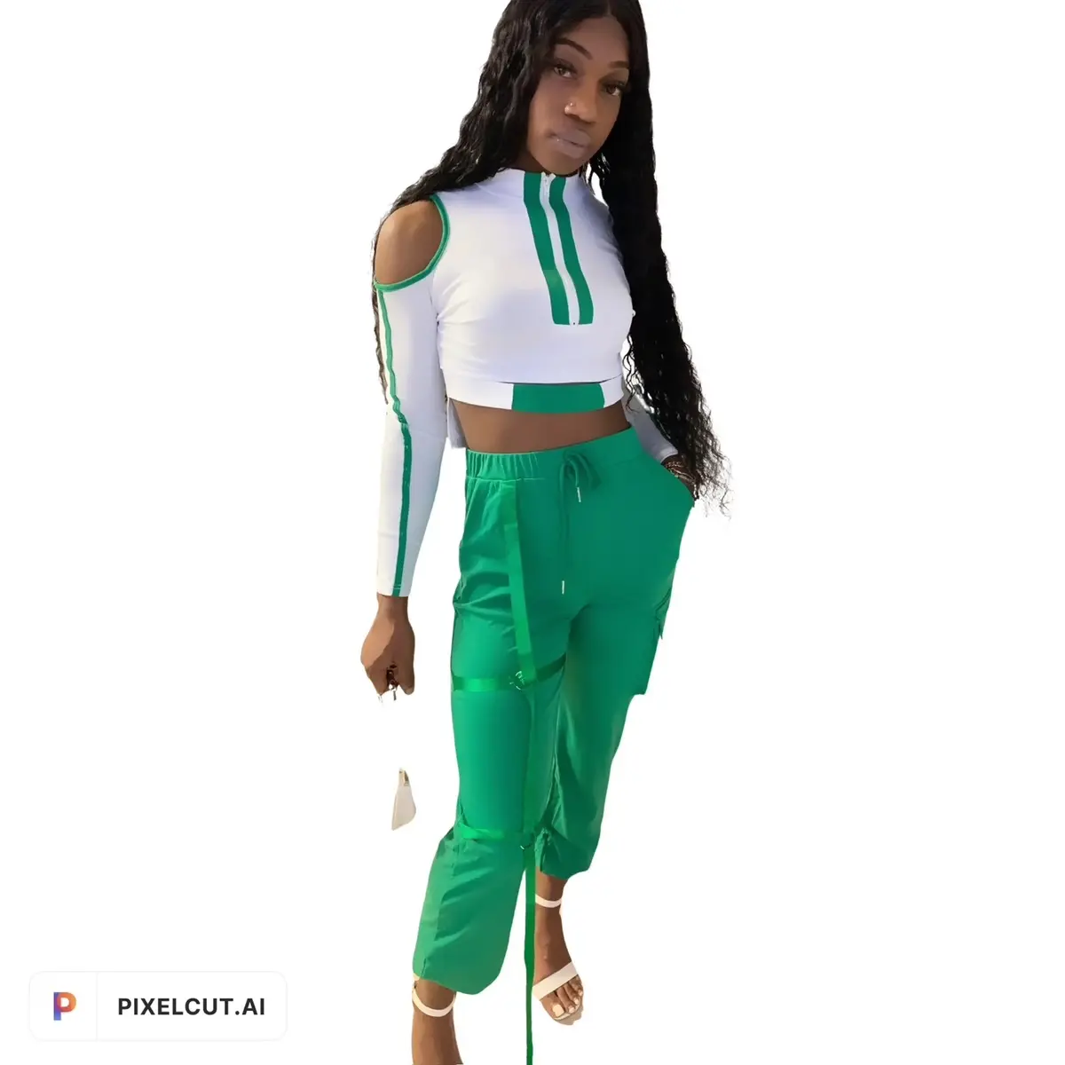 Ninja green and white crop top and windbreaker set women Suits Womenswear Comfort