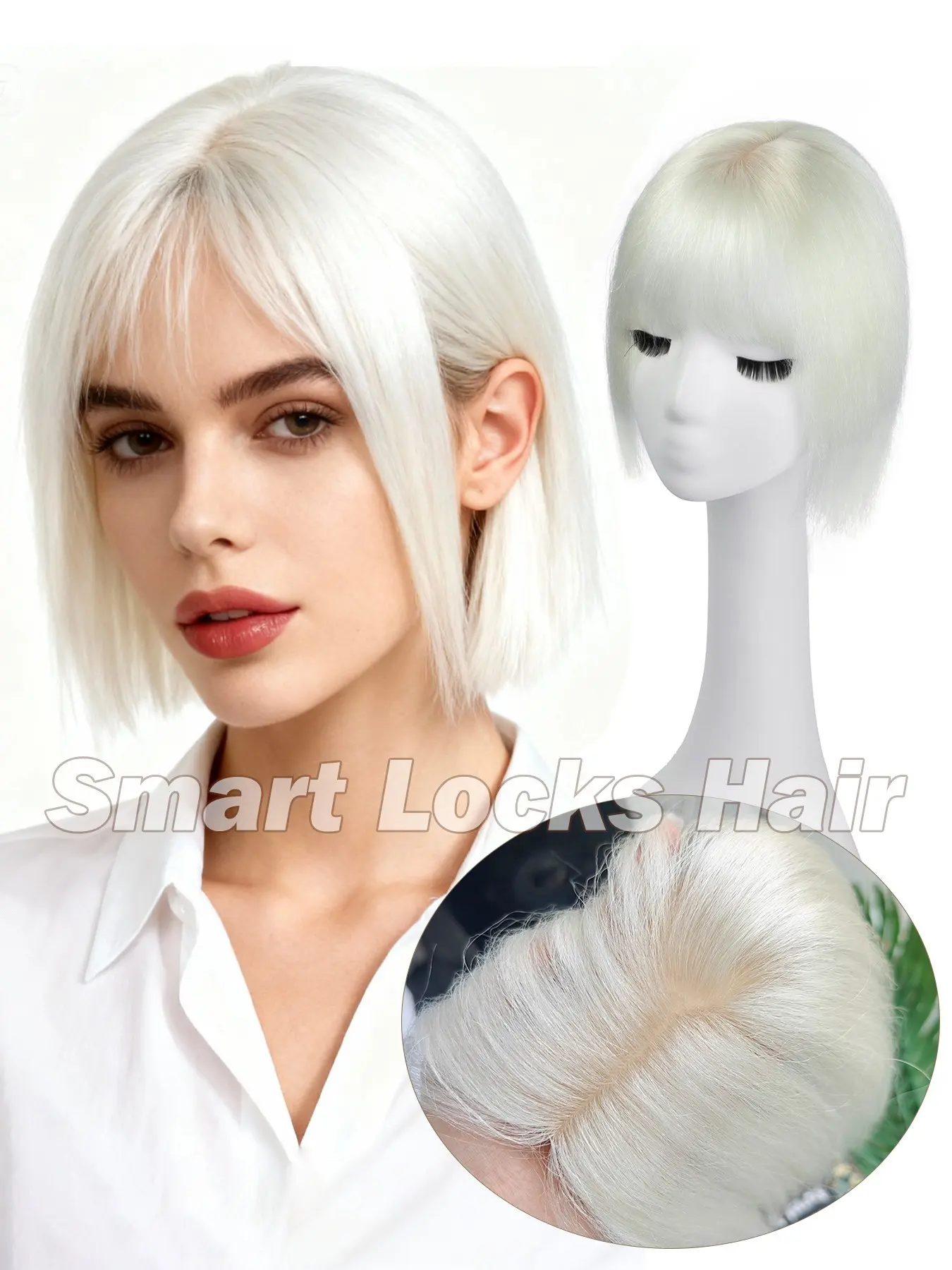 Women'S Slik Base Human Hair Toppers with Bangs, Realistic Hairpieces, Clip-In Hair Systems Color-White with 3D 360° Full Head Coverage & Air Bangs, Ideal for Daily Use, Party, Wedding, Straight Hair Invisible Hair Toppers