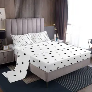 White Black Bed Sheets Cute Heart Pattern Sheet Set,Girly Cartoon Love Geometric Bedding Set with Deep Pocket Cute Fitted Sheet for Kids Girls Bedroom Decor Flat Sheet