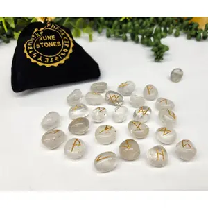 Clear Quartz Gemstone Rune Sets with Velvet Pouch