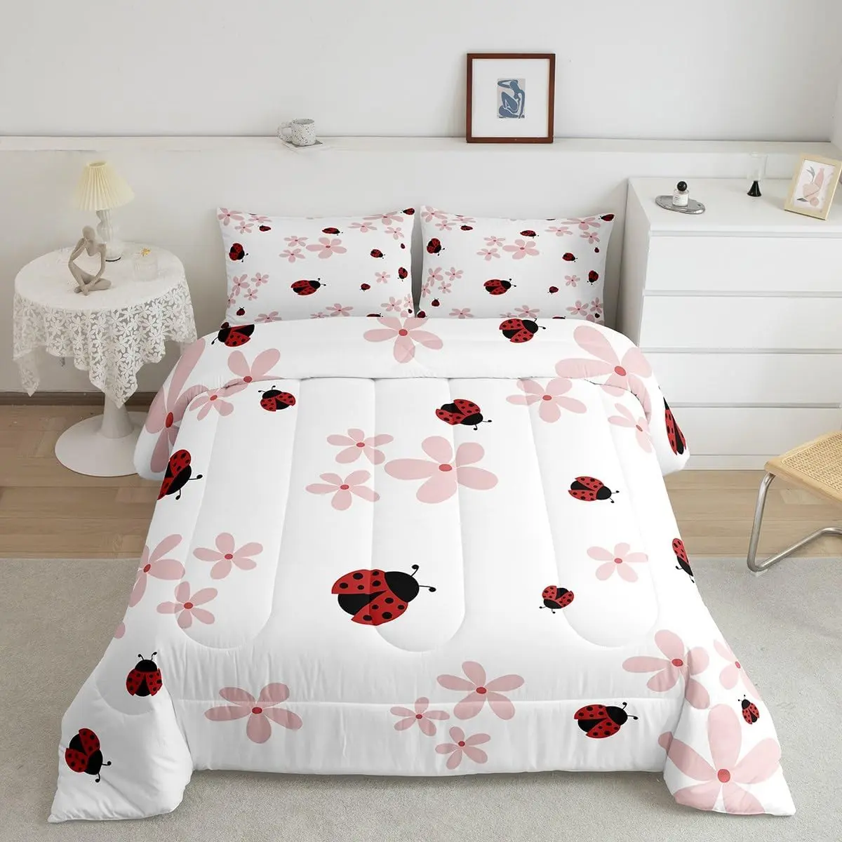 Girls Cute Ladybug Comforter Set Red and Black Decor All Season Bedding Set Pink Floral Comforter,Geometric Wave Point Decor Quilt Set Bedroom Collection