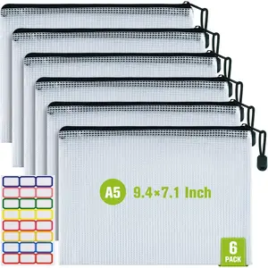 Mesh Zipper Pouch, 6 count  Plastic Mesh ZipperBag, A5 Size -Resistant Document Pouch,  Zip File Bags, for School Office Supplies  Travel Storage(9.4x7.1 Inch)