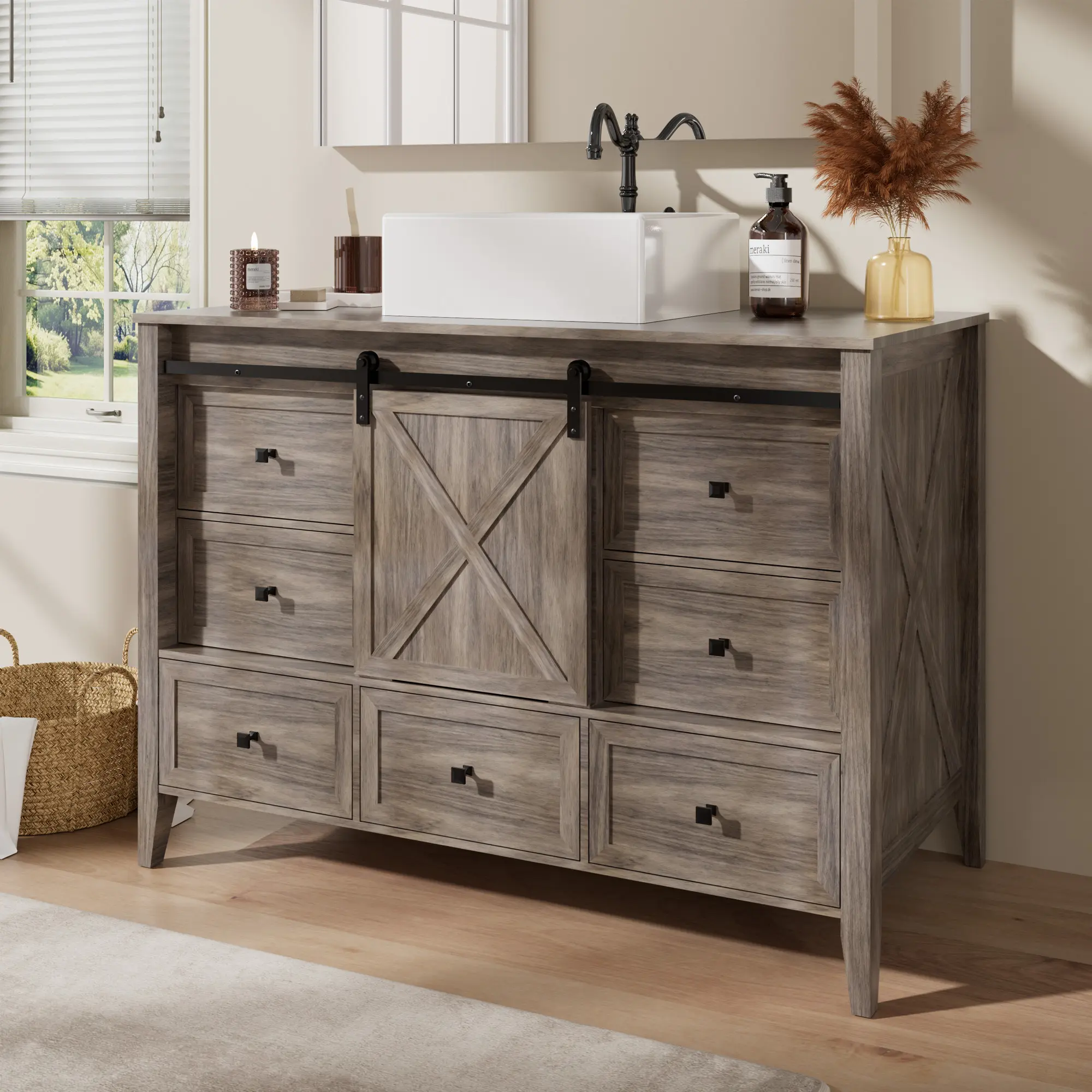 Bathroom Vanity with Sink - 48 Inch Bathroom Vanity with Sink Ceramic, Freestanding Cabinet with Farmhouse Sliding Barn Door and 7 Drawers, Space-Saving Storage Cabinet, Wood Grain Texture, Grey