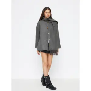 Cider Wool-Look Asymmetrical Neck Long Sleeve Oversized Jacket