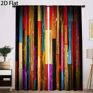 2D Flat 2Pcs Retro Colorful Wood Grain Curtain Panel, Abstract Vertical Stripe Window Drapes for Living Room Bedroom, Artistic Home Decor Curtains Translucent tube bag design Home Decoration Curtain