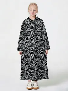 Hooded Long Sleeve Muslim Dress, Ethnic Print Casual Abaya, Girls' Daily Comfortable Robe, All Seasons