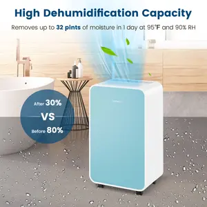 COSTWAY 2500 Sq. Ft Dehumidifier for Basement, 32 Pints Portable Quiet Dehumidifier with Sleep Mode, 24H Timer, Auto Shut Off, Auto Defrost & Drain Hose for Basement Bathroom
