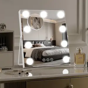 Bearolve Minimalist Smooth Round LED Lighted Makeup Mirror, 16"×10" Hollywood-Style Aluminium Metal Frame, 9 Dimmable LED Bulbs, 3-Color Lighting with Easy Switch, 10x Magnification, Rechargeable 3000mAh Battery, White Desk Beauty Gift