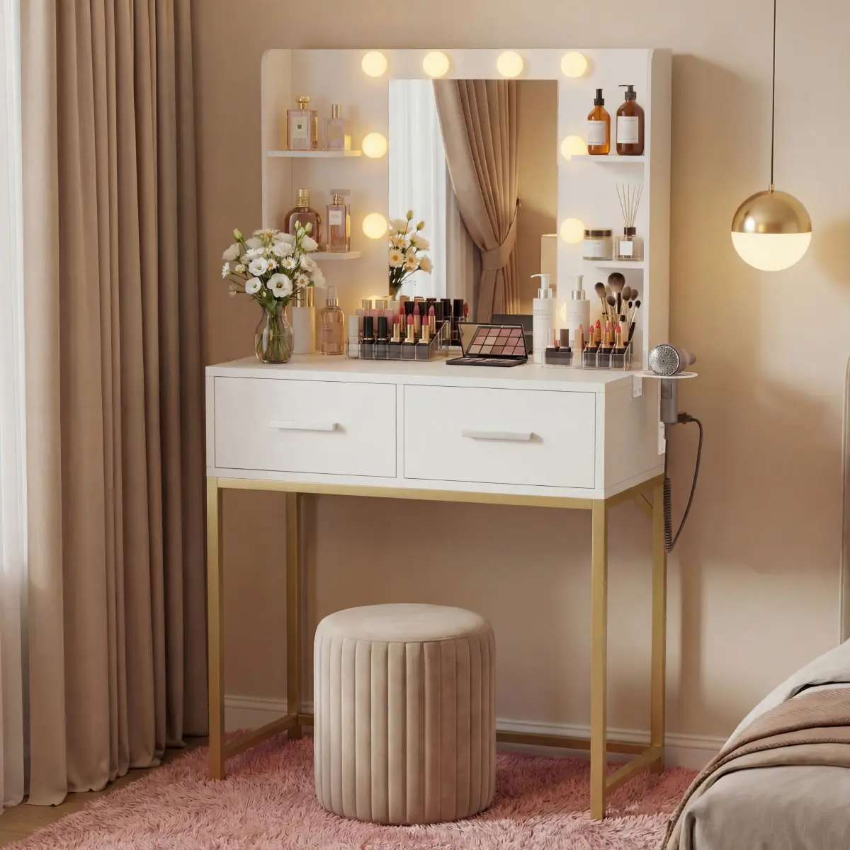 Furmax Modern Gold Metal Makeup Vanity Table Set - Engineered Wood Desk  with Power Outlets, Hair Dryer Holder, LED Lights and Makeup Storage -  TikTok Shop
