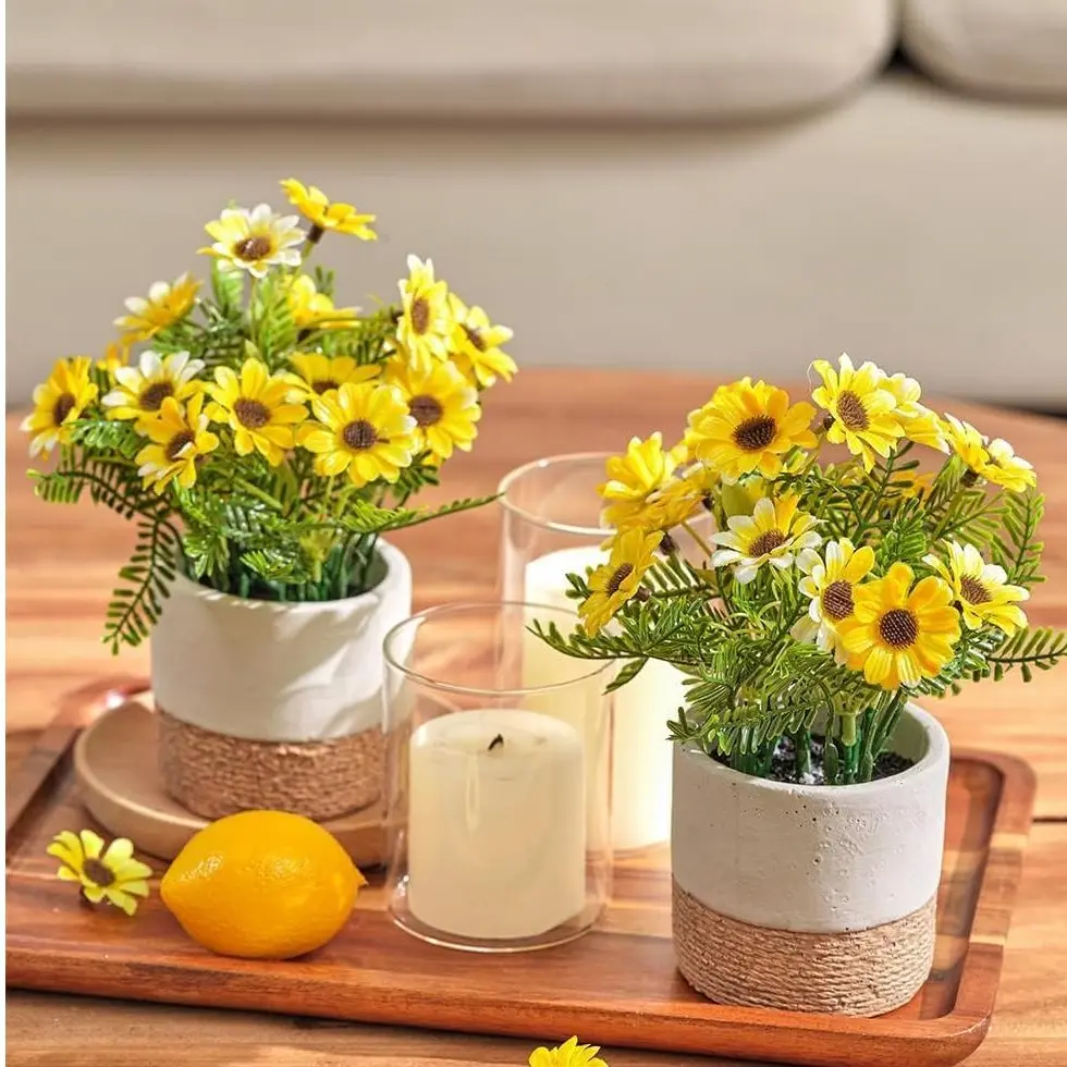 7 Inches 2-Pack Plastic Artificial Potted Sunflowers & Daisies, Box Packaging Floral Decor for Home Living Room, Bathroom Shelf, Office Farmhouse Decor