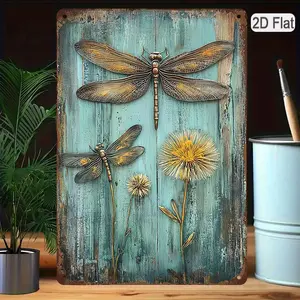 1pc Rustic Farmhouse Dragonfly and Dandelion Metal Tin Sign, Vintage Floral Wall Art Decor, 8x12 Inches, Teal Background with Wood Grain Texture, Classic Style, Reusable Home or Office Decoration, Artistic Craftsmanship, Dragonfly Decor, 2D Flat