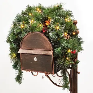 35.4 in Pre-lit Christmas Mail Box Swag Garland Artificial Pine Rattan with 30 LED Lights,Pine Cone and Red Berries for Holiday Indoor Party Decoration