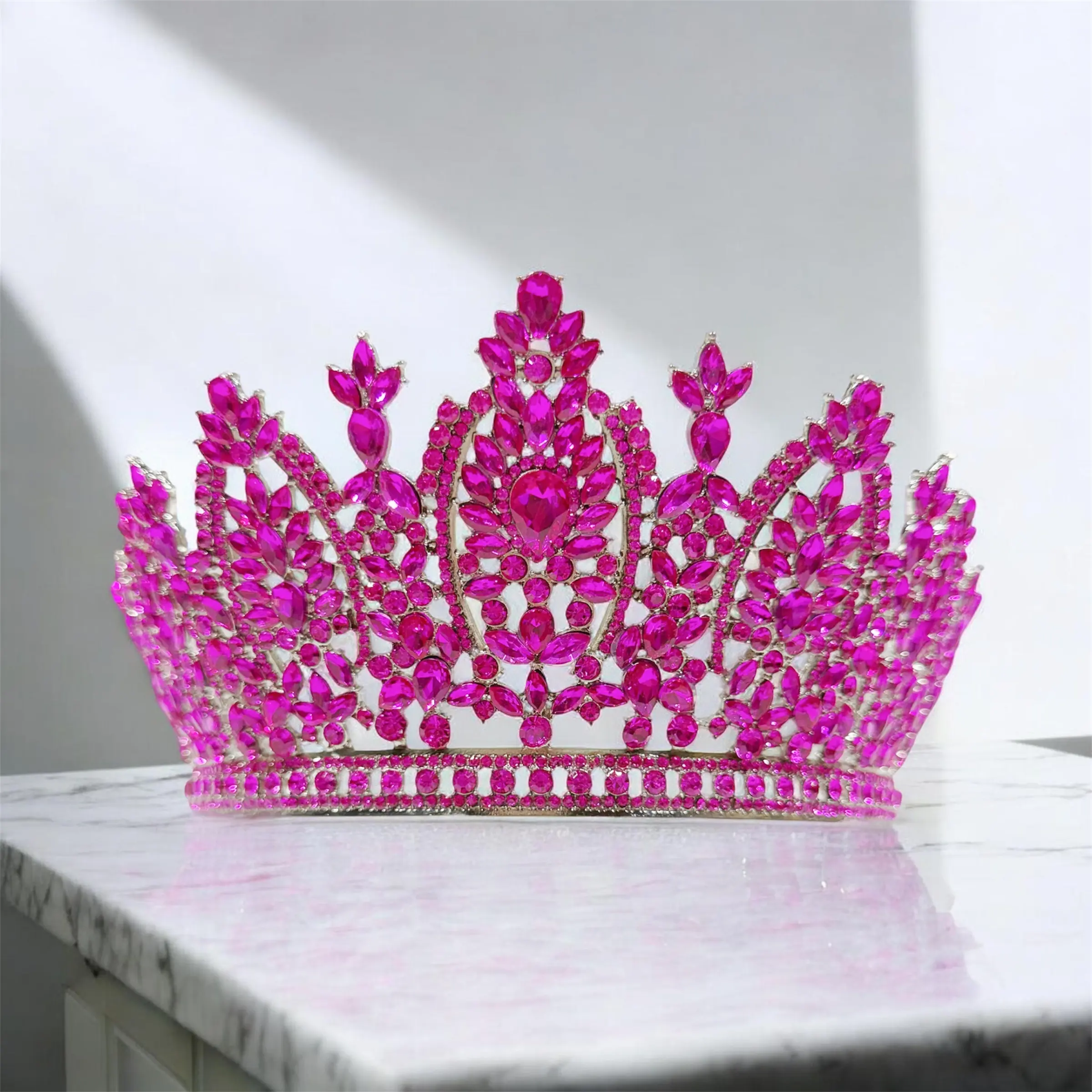 Women's Regal Fuchsia Full-Size Handcrafted Large Rhinestone Crown, Female Fashion Hair Accessory for Wedding, Celebration Pageant Events, Metal,Crystal, Sparkling