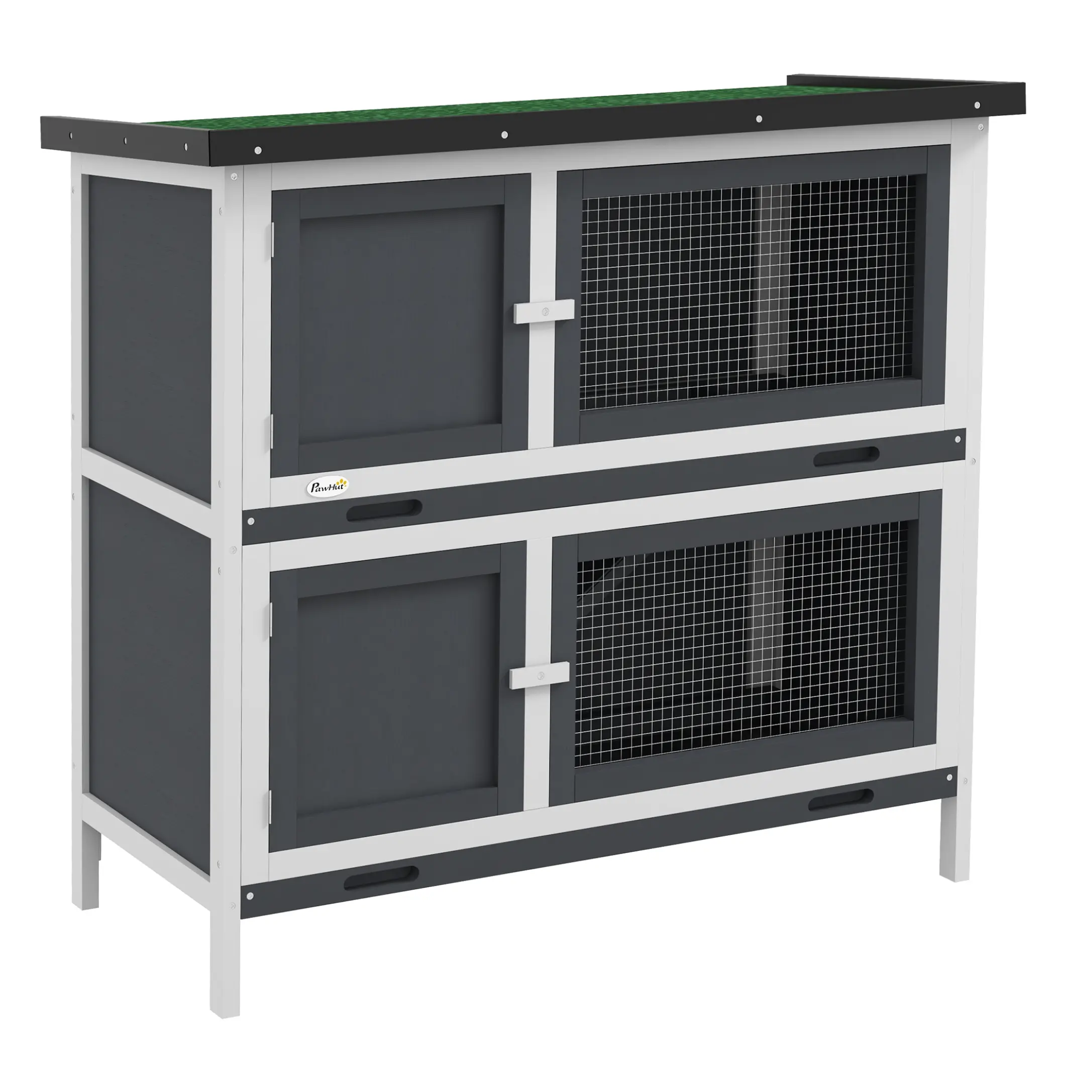 PawHut Bunny Hutch, Wooden Rabbit Cage with Ramp & Tray, Weatherproof Outdoor Indoor Animal Habitat, Gray Grey + Wood
