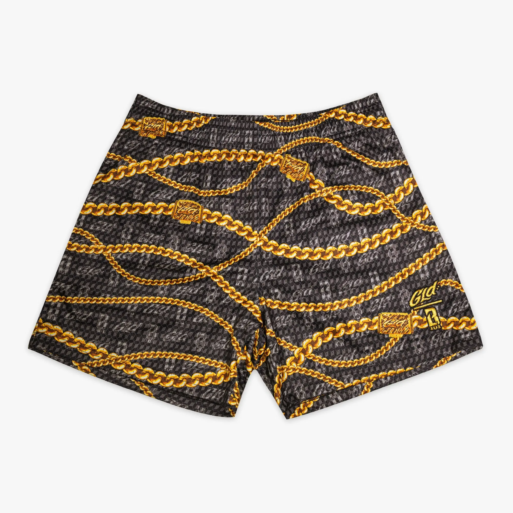 Men's Chain Print Shorts, Black and Gold Streetwear Shorts, Casual Summer Athletic Shorts, Fashionable Everyday Wear