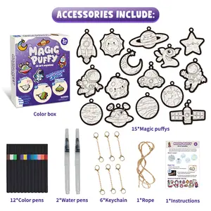 Aqua Puffs — 15 Aqua Puffs, 10 Markers, 2 Water Pens, 6 Keychains, String; Magical Craft Activity Kit, Travel Toy, DIY Decorations — The Perfect Gift (Space Theme)