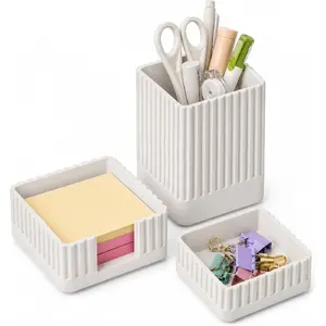 Desk Organizer Set of 3 for Office Accessories - Includes Pen Holder, Paperclip Storage, and Sticky Note Holder - Aesthetic Concrete Desktop Accessories for Women or Men, Office Decor (White)