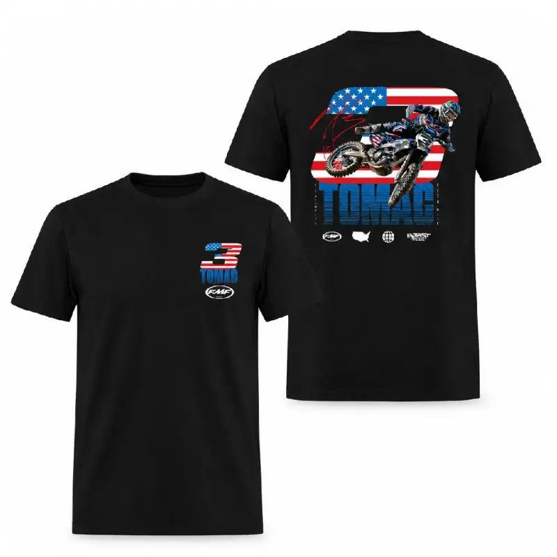 FMF Racing Tomac # 3 Motocross T-Shirt – Double Sided Dirt Bike Graphic shirt with USA Flag Design for Motocross Fans, Racing Apparel Men Short Sleeve.