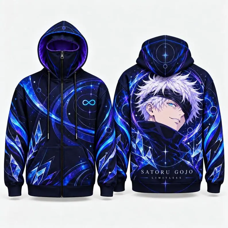 Satoru Gojo Jujutsu Kaisen All Over Print Zip Up Hoodie with Integrated Face Mask, Blue Anime Hooded Jacket