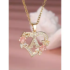 Golden White Synthetic Zirconia Heart-Shaped Letter Rose Golden Flower Necklace for Women, Fashion Pendant Valentine's Day Gift Wife Necklace A-Z